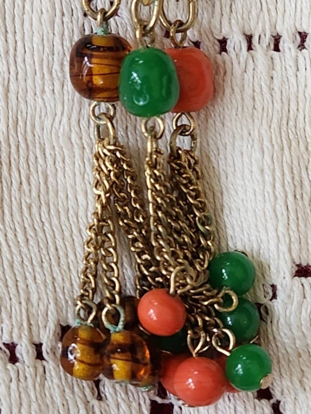 Vtg Statement Necklace Gold Tone Multi Chain & Colored Rhinestone Beaded Tassel - Picture 12 of 16